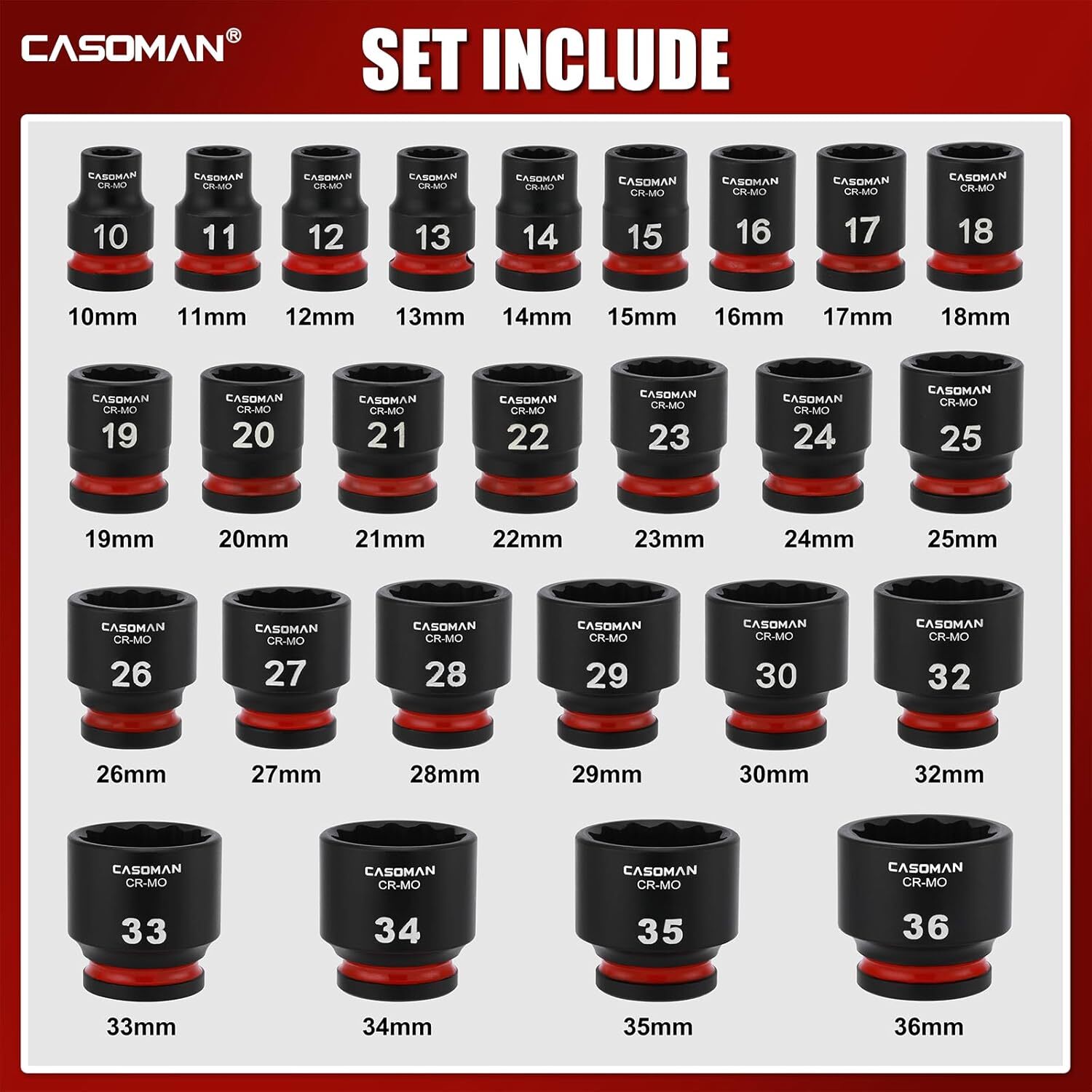 26 PCS 1/2″ Drive Standard Impact Socket Set 12 Point Metric 10mm-36mm CR-MO