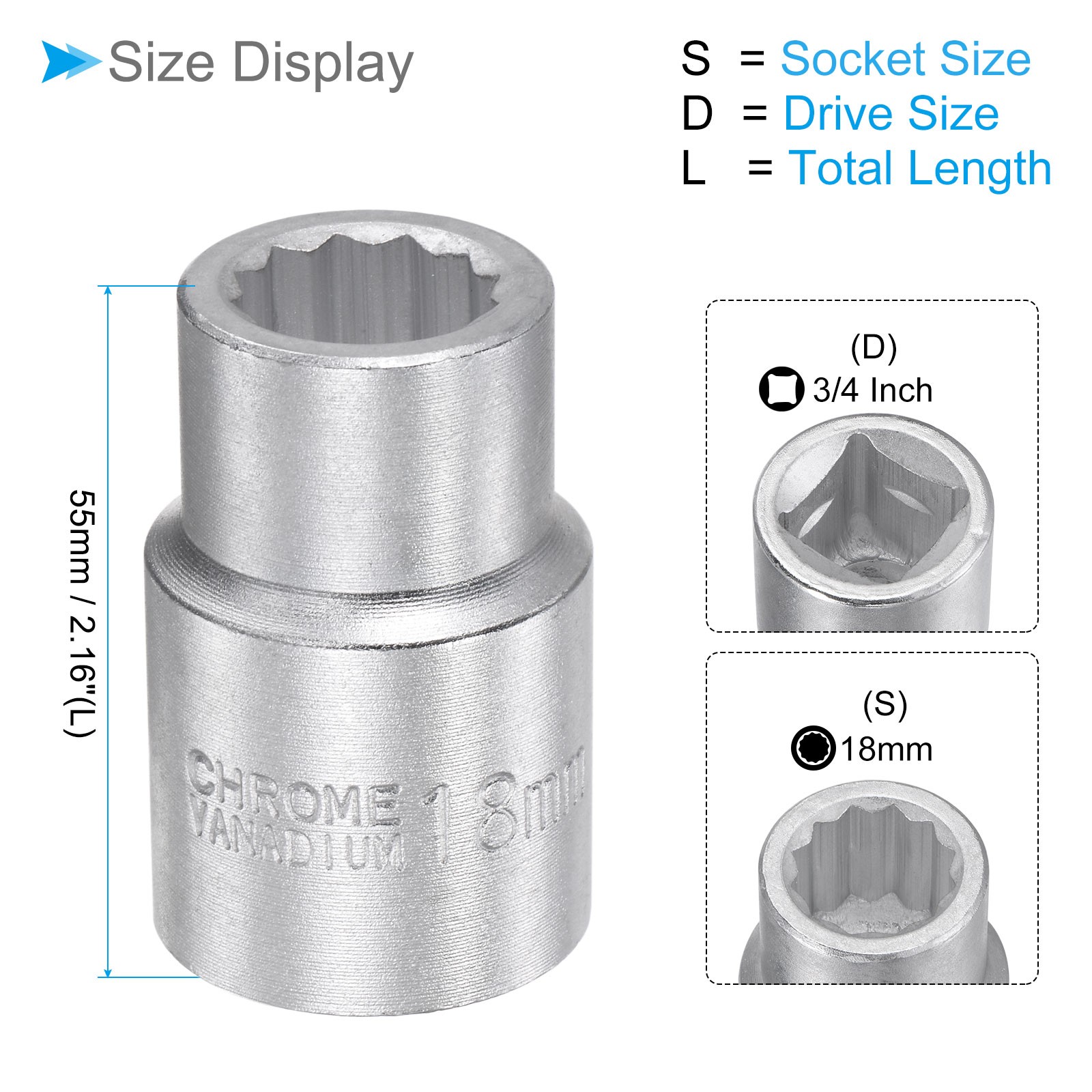 12-Point Impact Socket 3/4-Inch Square Drive 18mm Socket Alloy Steel