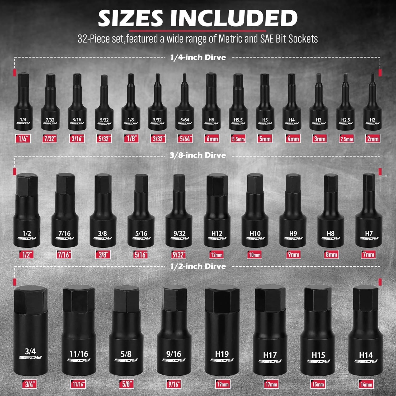 Hex Bit Impact Socket Set: 36-Piece with 4 Adapters, 1/4″ 3/8″ 1/2″ Drive Mas…