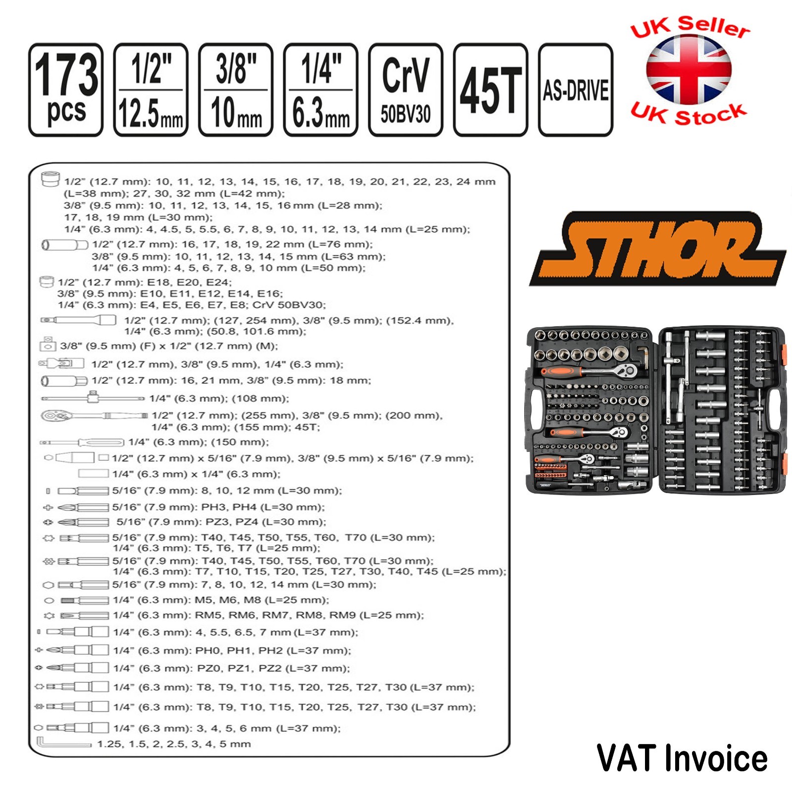Yato Sthor 58688 173 Piece 1/2″ 1/4″ 3/8″ Ratcheting Socket Spanner Bit Set