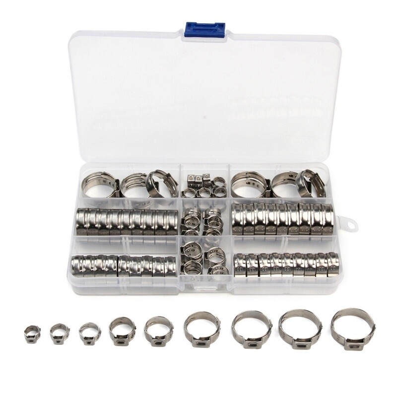 80X Assorted Hose Clamp Stainless Steel Ear Cinch Rings Crimp Pinch Set Pliers