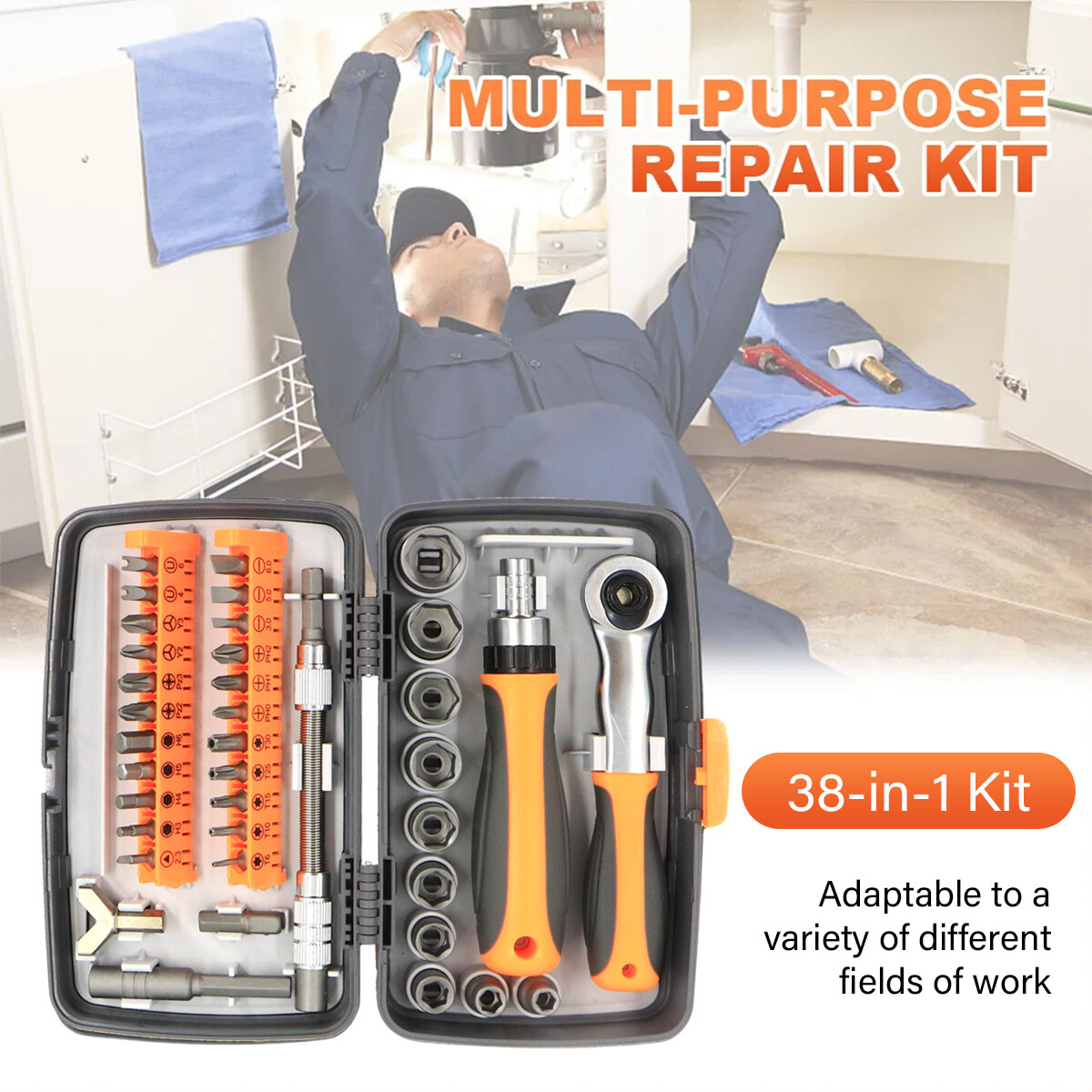 Professional 38 PCS Ratchet Spanner Socket Wrench Set 1/2″ 1/4″ 3/8″ Tool Kit