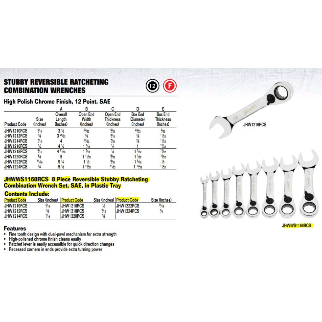 8 Piece Stubby Reversible Ratcheting Combination Wrench, SAE,12 Point,Williams