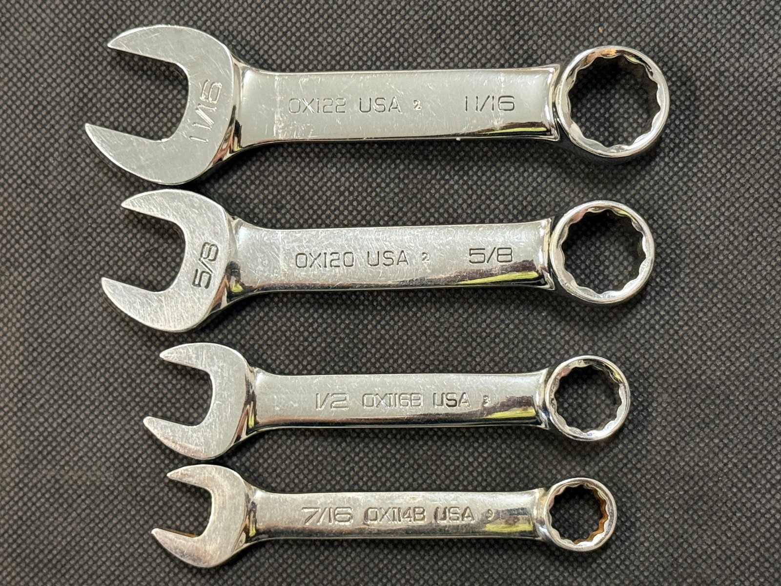 4 Snap-on SAE 12pt Stubby Combination Wrench Set 11/16″ 5/8″ 1/2″ 7/16″ USA