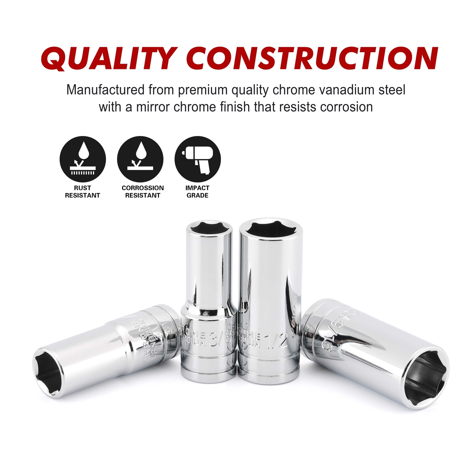 11PCS 3/8″ Drive 6 Point. Mid-Length Socket Set, SAE, Mirror Chrome Finish