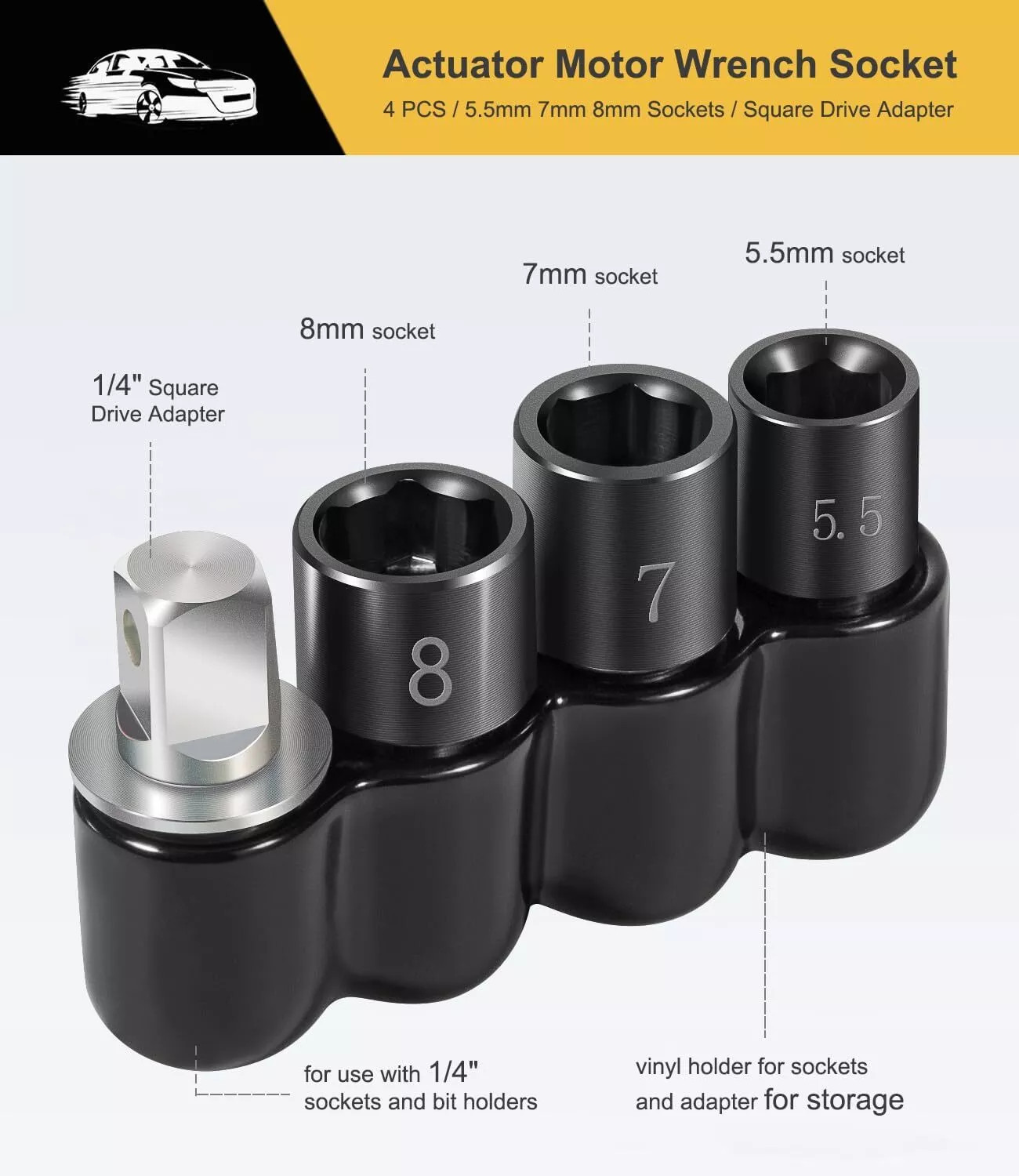 64180 Actuator Motor Wrench Kit 5.5mm 7mm 8mm Sockets 1/4″ Square Drive Adapter