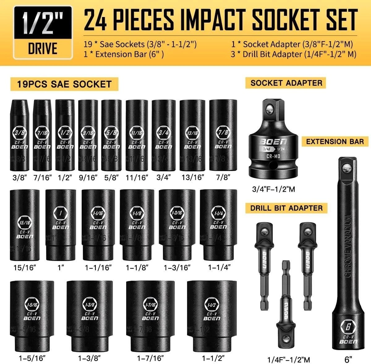Durable 24PC 1/2″ Drive Impact Socket Set with Rust-Resistance & Instructions