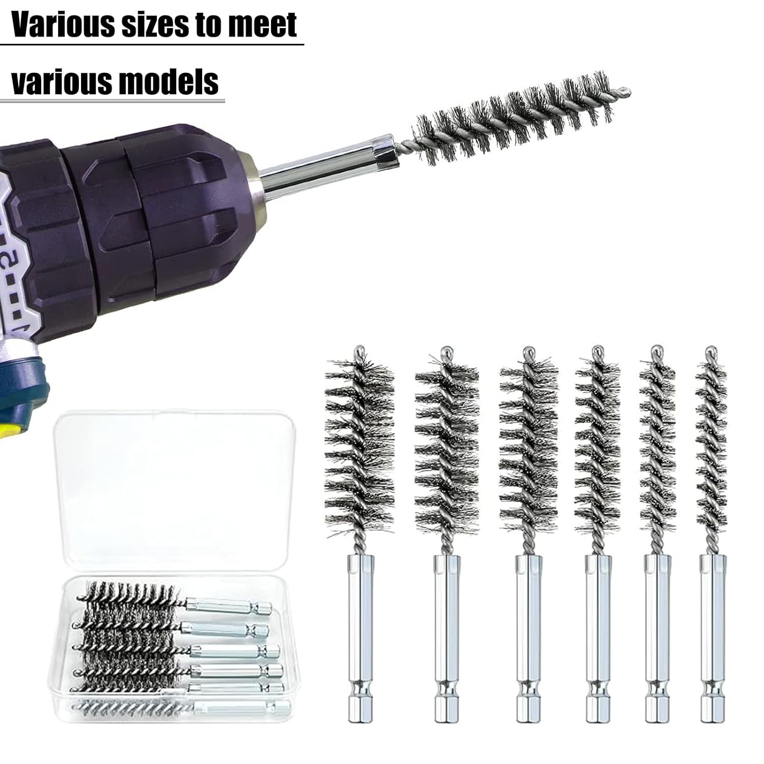 6 Pcs Stainless Steel Bore Brush with 1/4″ Hex Shank Twisted Wire silvery