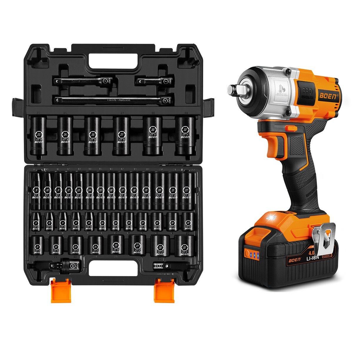 Boen Impact Wrench 1/2″ Brushless Electric, With 45 Pcs Impact Socket Set,IW75