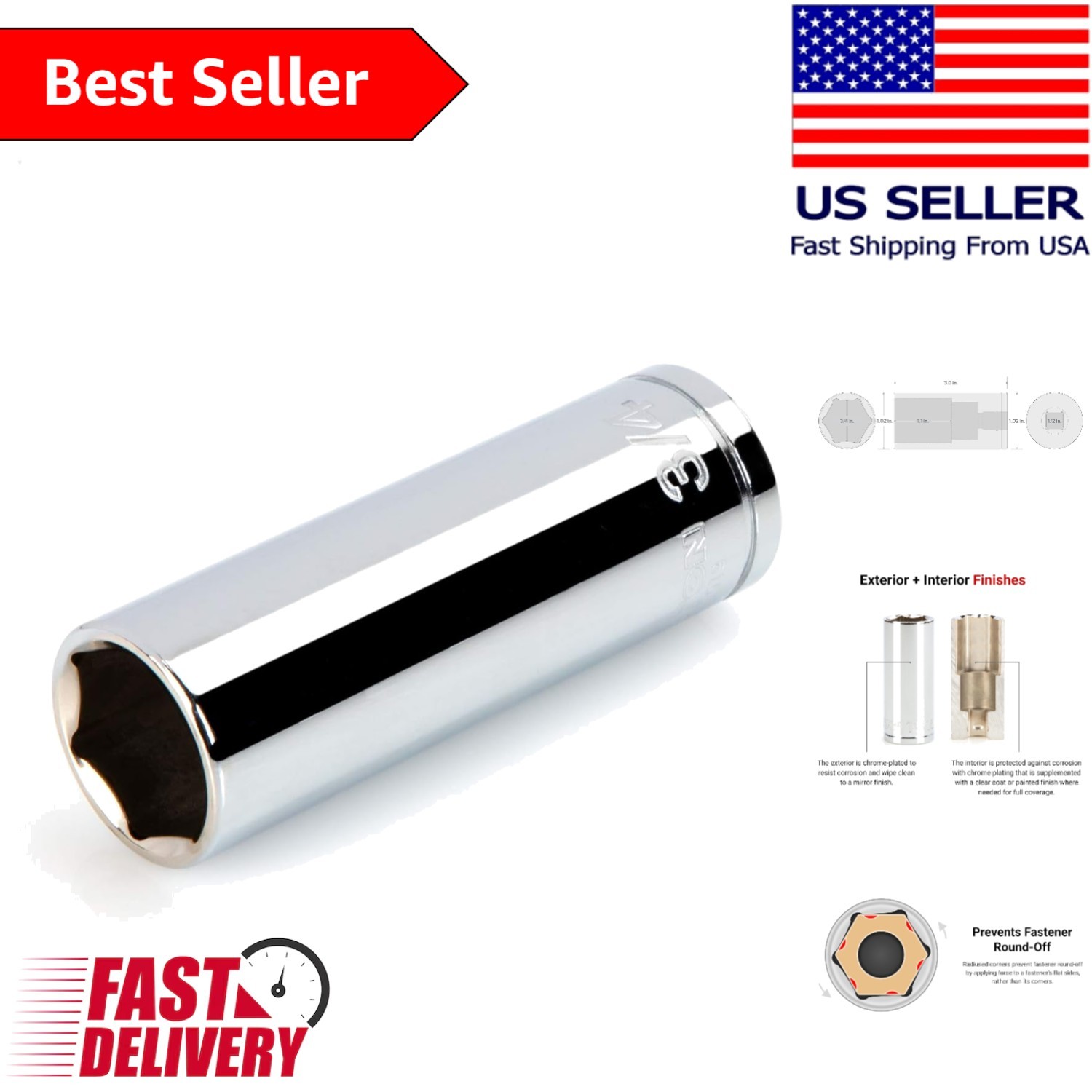 Heavy-Duty 1/2 Inch Drive Socket, 3/4 Inch Deep – Large Markings & Secure Fit