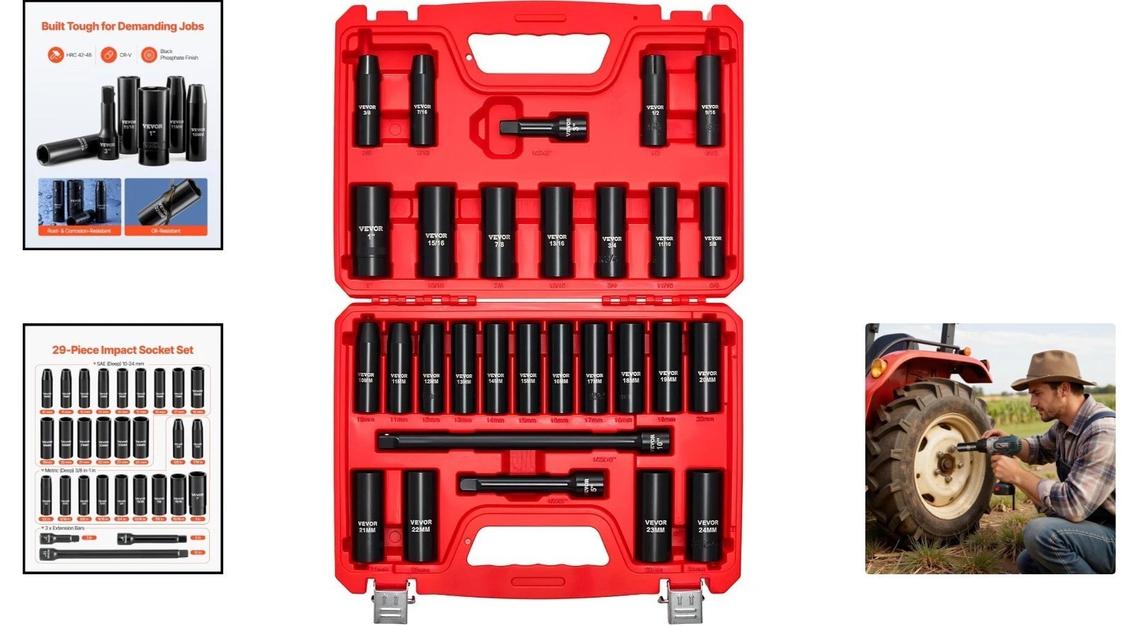 Versatile 29-Piece Deep Impact Socket Set, SAE & Metric – Black Phosphate Finish