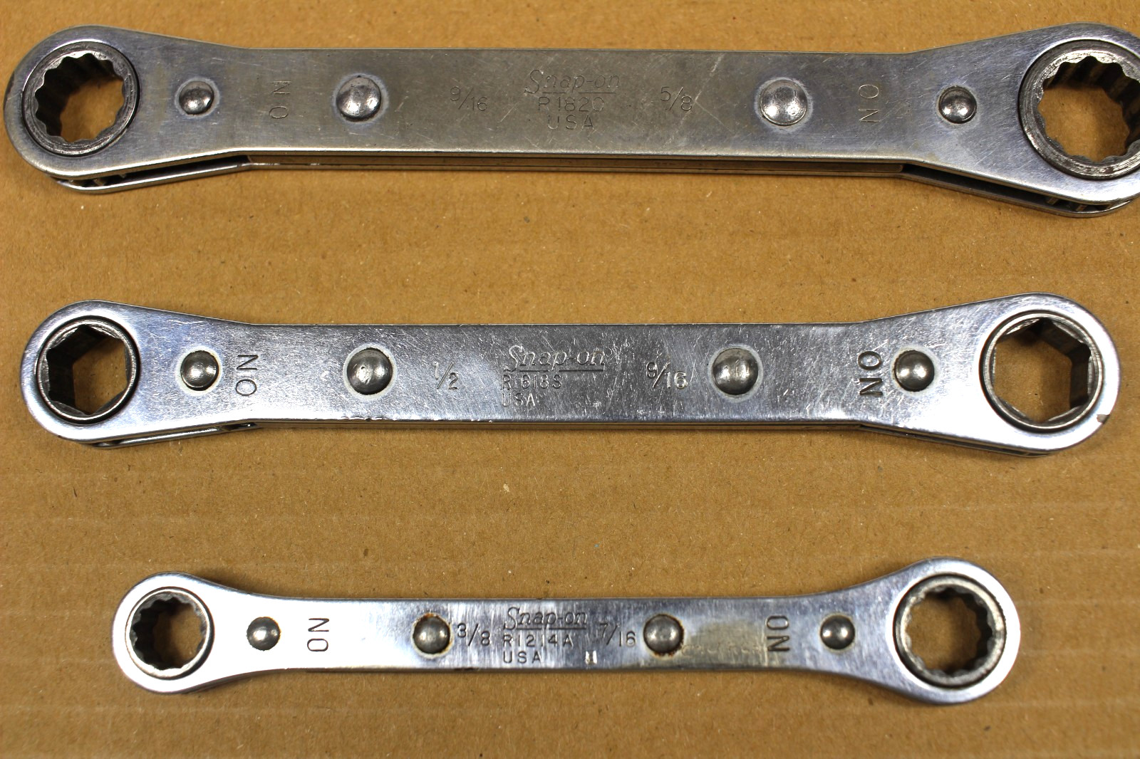 Snap-on 3/8″×7/16″-1/2”x9/16” -9/16”x5/8” 12pt Ratchet Wrench Lot Of 3 Pcs.