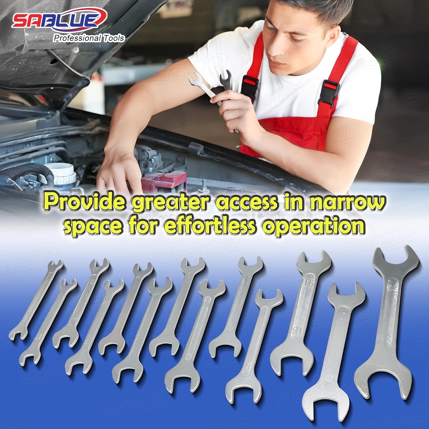 Super-Thin Open End Wrench Set Metric 13-Piece 7mm to 24mm Cone Spanner A01 Kit