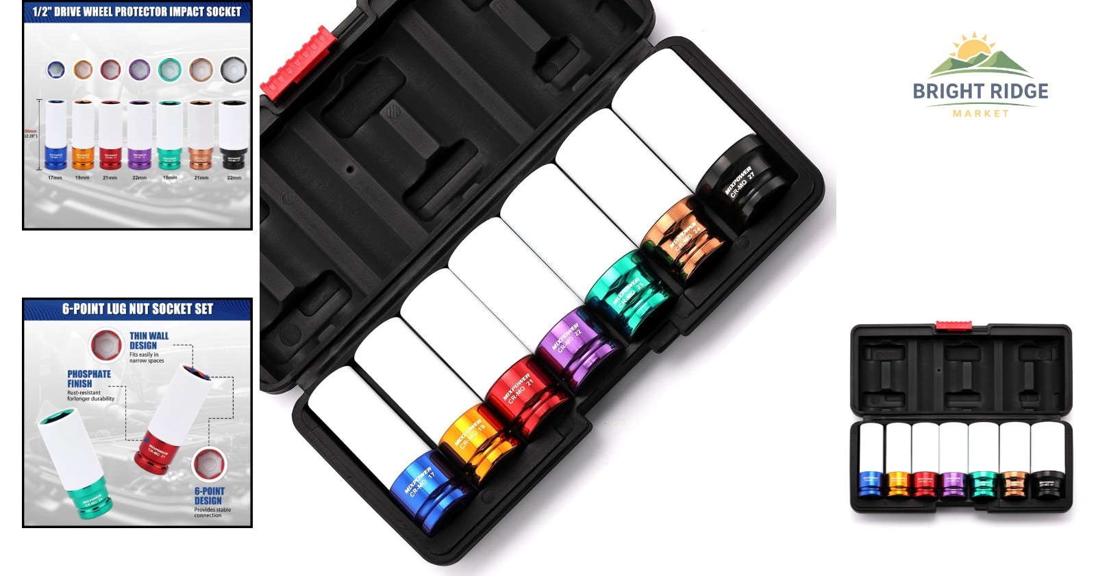 7-Piece Thin Wall Impact Socket Set with Color-Coded Metric Sizes 17mm to 27mm
