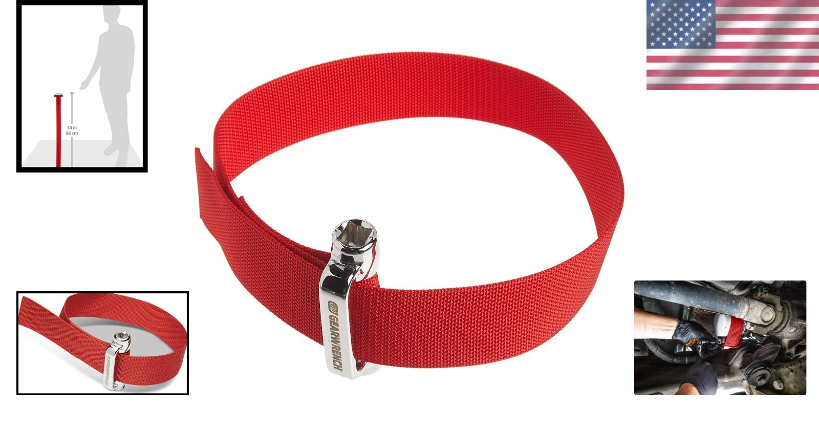 Versatile Heavy-Duty Oil Filter Strap Wrench – Red Nylon, 3/8″ & 1/2″ Drive