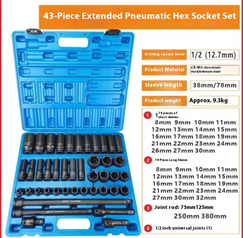 Impact Socket Set 1/2 Inch 43 Pcs Standard/Deep 9 to 30 MM 6-Point Extension Bar