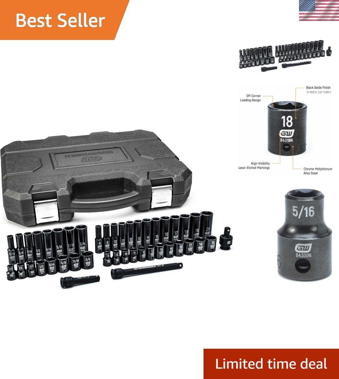 44 Pc. 3/8″ Drive 6 Point Standard & Deep Impact SAE/Metric Socket Set – 84916N