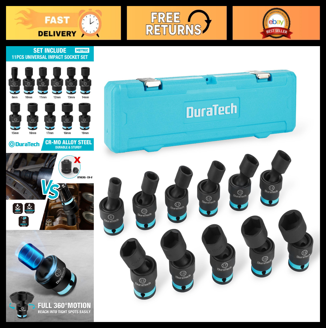 11-Piece 3/8″ Drive Impact Swivel Socket Set, Metric Wobble Sockets, Cr-Mo Steel