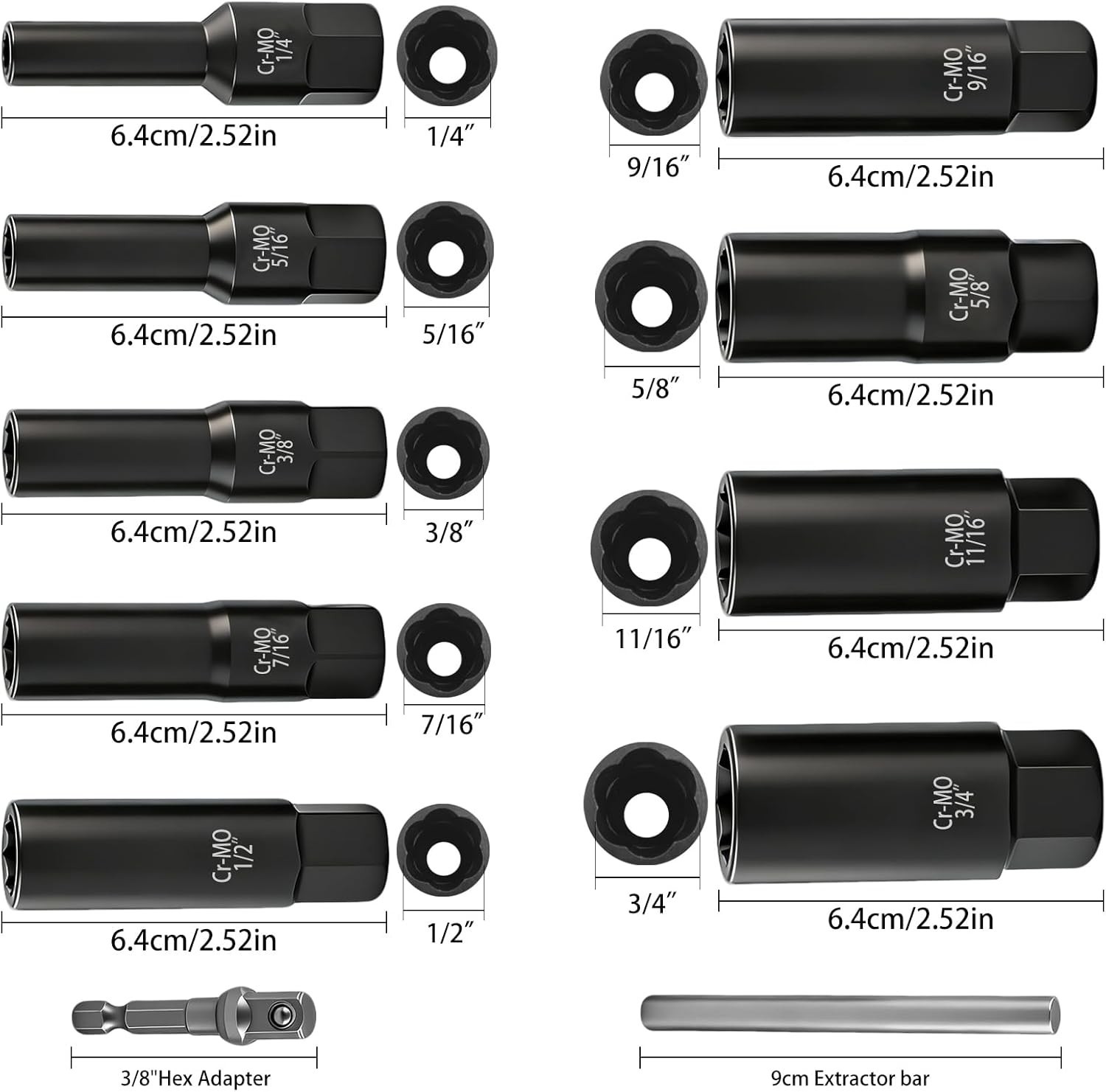 Bolt Extractor Kit for Deep Well Bolt, 11 Pcs Lug Nut Extractor Set, Deep Socket