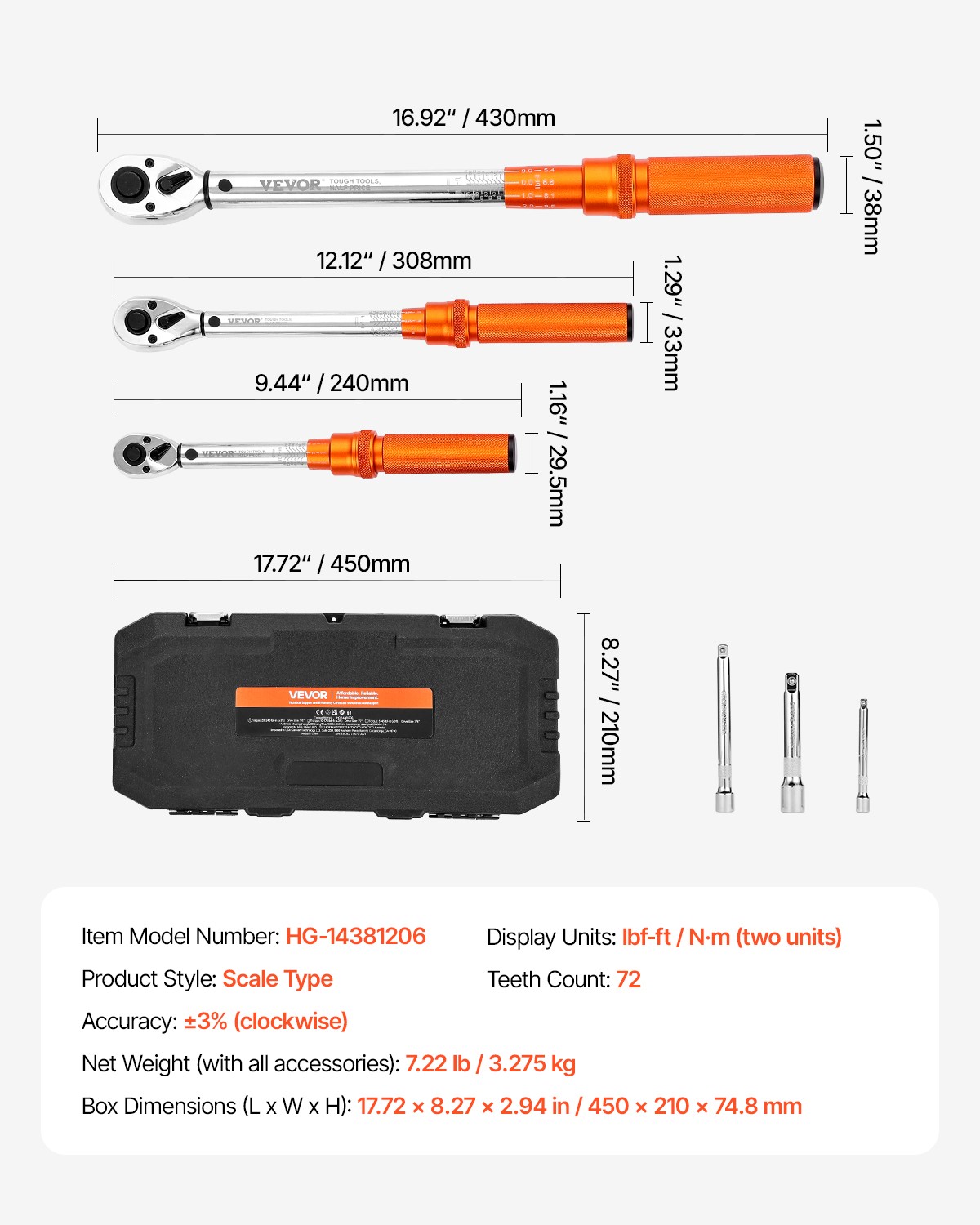 VEVOR Click Torque Wrench Set 3Pcs 1/4 3/8 1/2 In Drive Dual-direction 72-Tooth