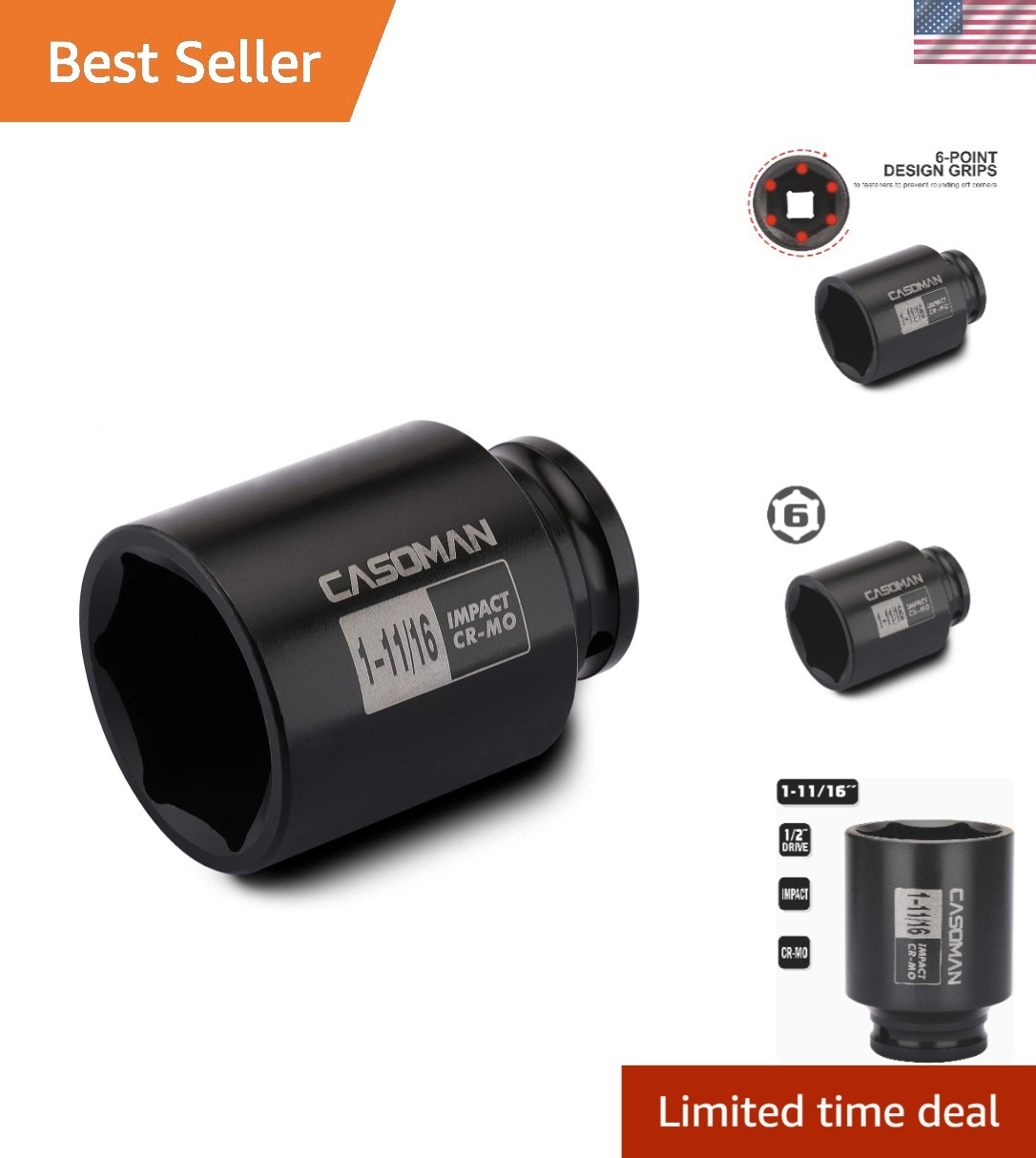 Chrome Molybdenum 6-Point Axle Nut Socket – 1-11/16″ for Impact Drivers