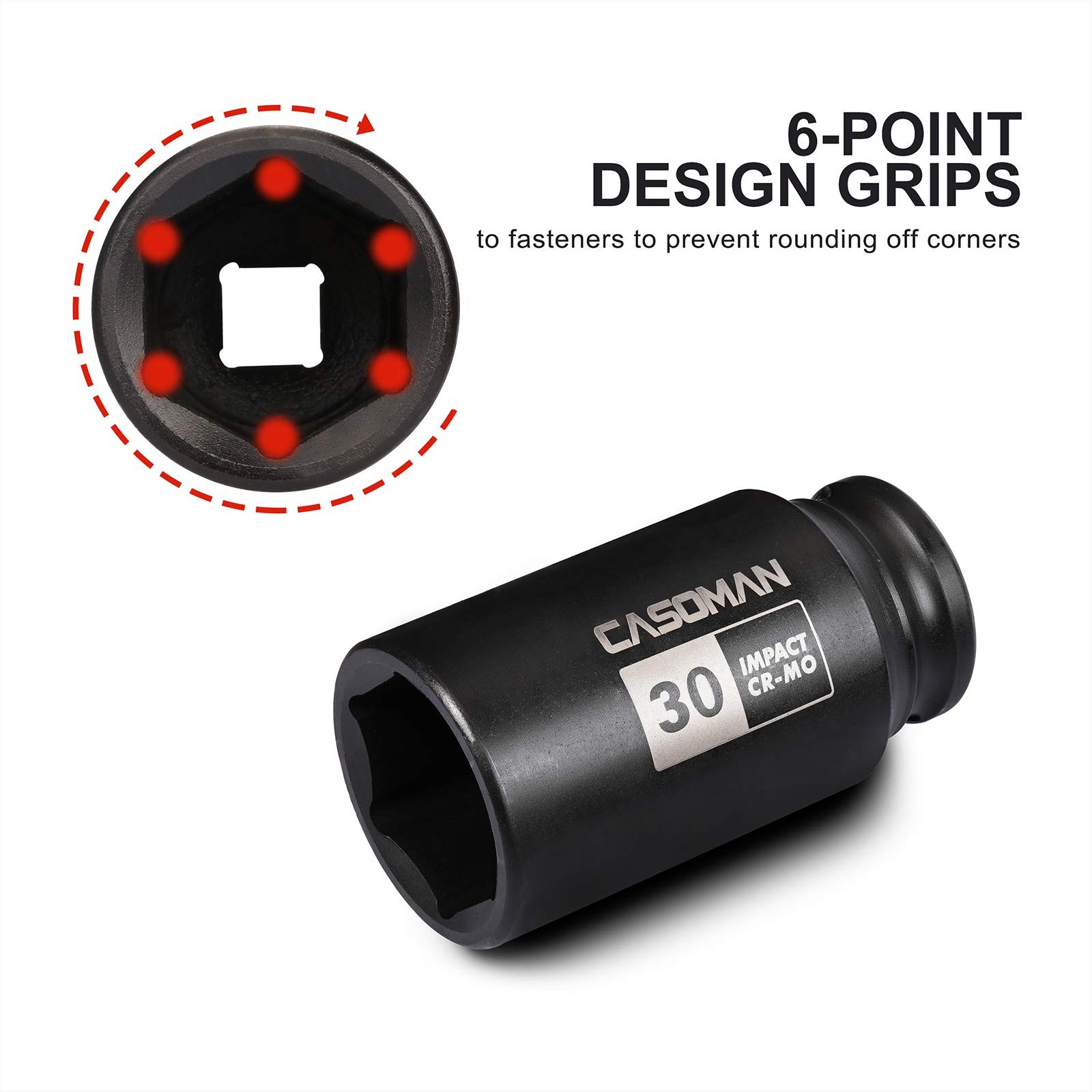 CASOMAN 1/2″ Drive x 30 mm Deep 6 PT Impact Socket, CR-MO, 30 (Deep)