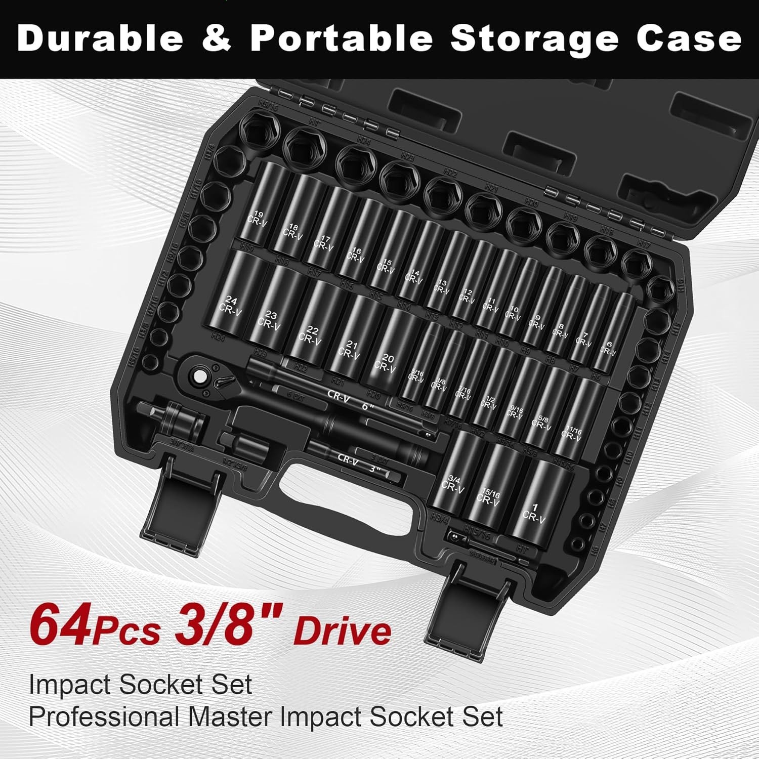 3/8in Drive Impact Socket Set 64PC SAE Metric Deep Shallow Ratchet