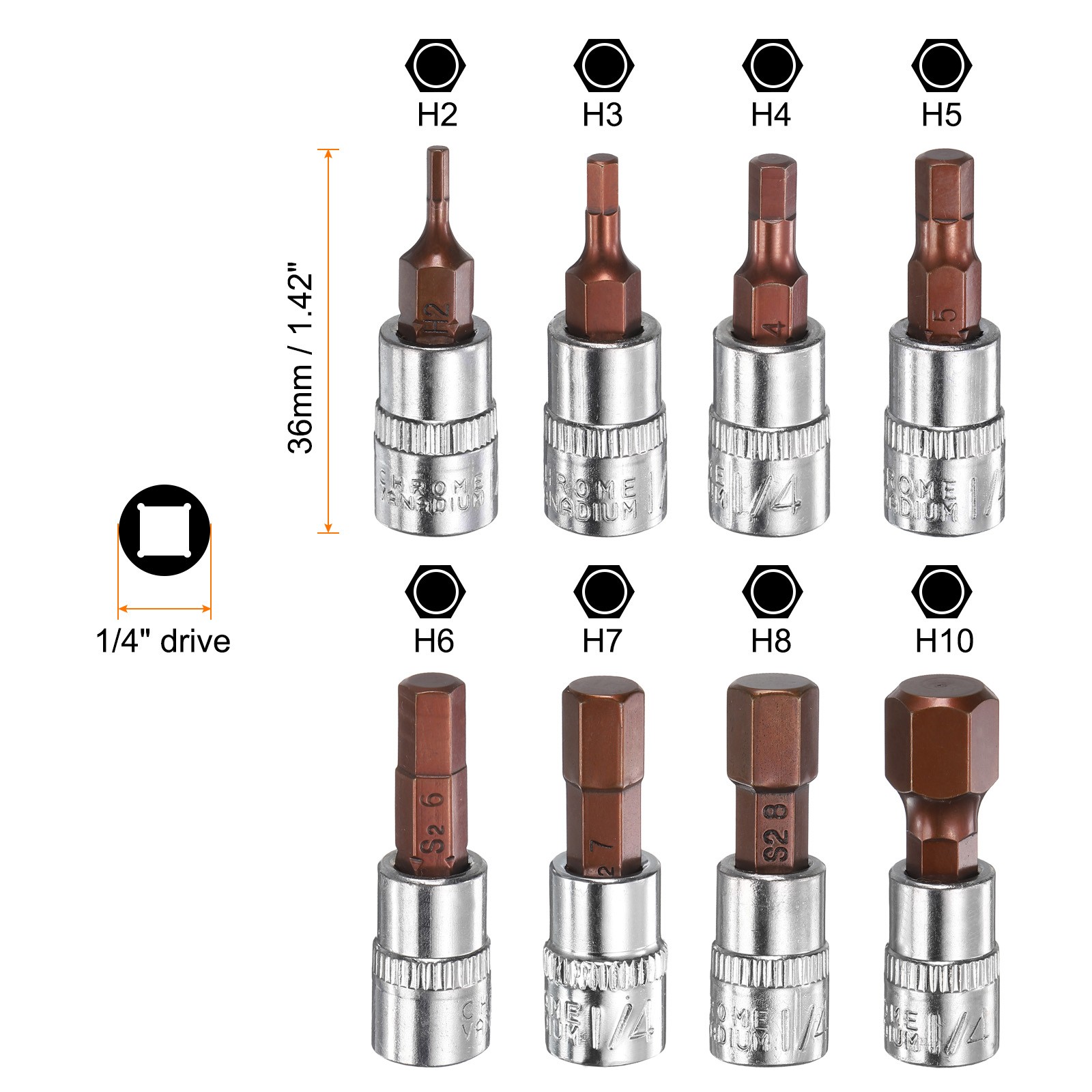 8pcs H2-H10 1/4″ Metric Extension Impact Hex Tip Set, Red