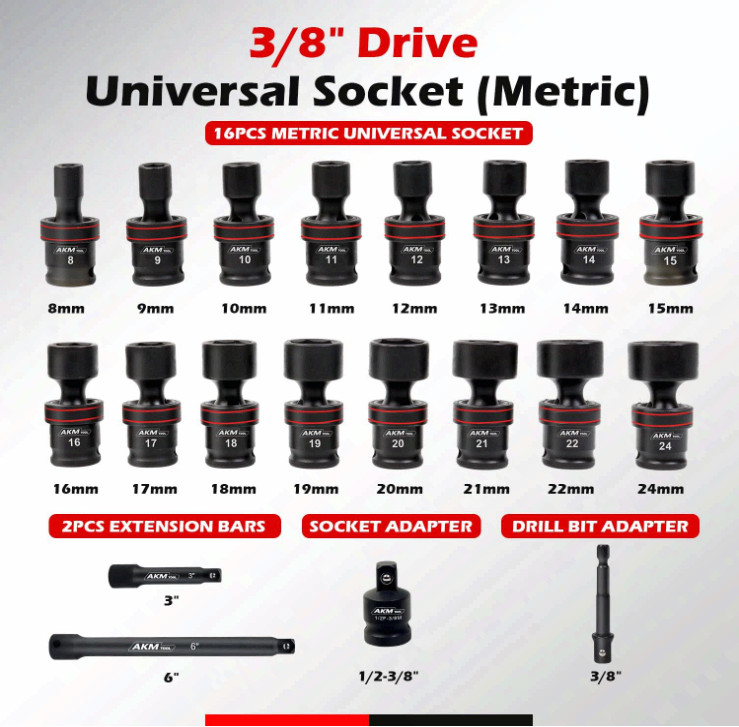 3/8″ Universal Impact Socket Set 20PCS 8-24mm Cr-Mo Swivel Kit