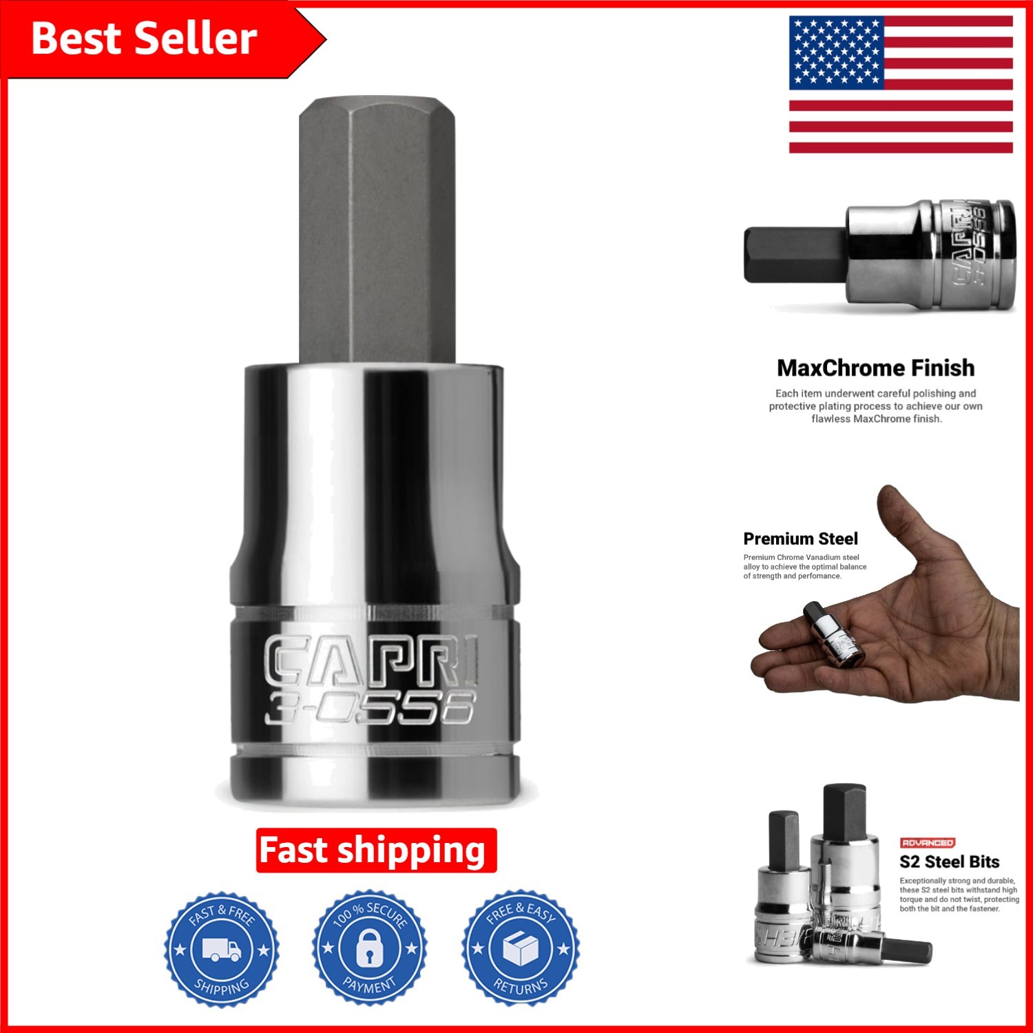 3/8-Inch Hex Bit Socket for Professionals – Durable S2 Steel and Chrome Finish