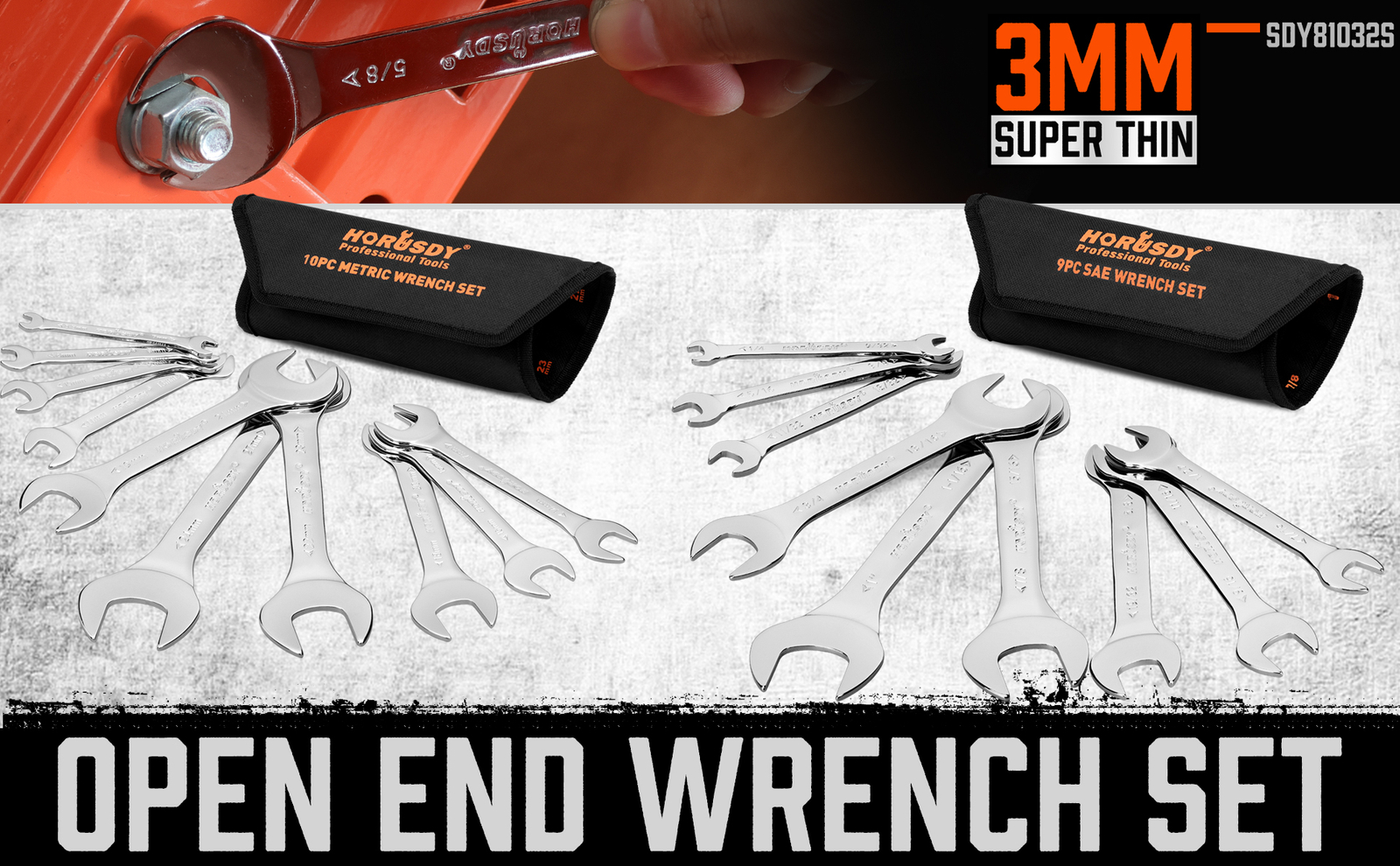 19pc combination wrench set Ring Open End Spanner Super Thin MM & Inch w/ Pouch