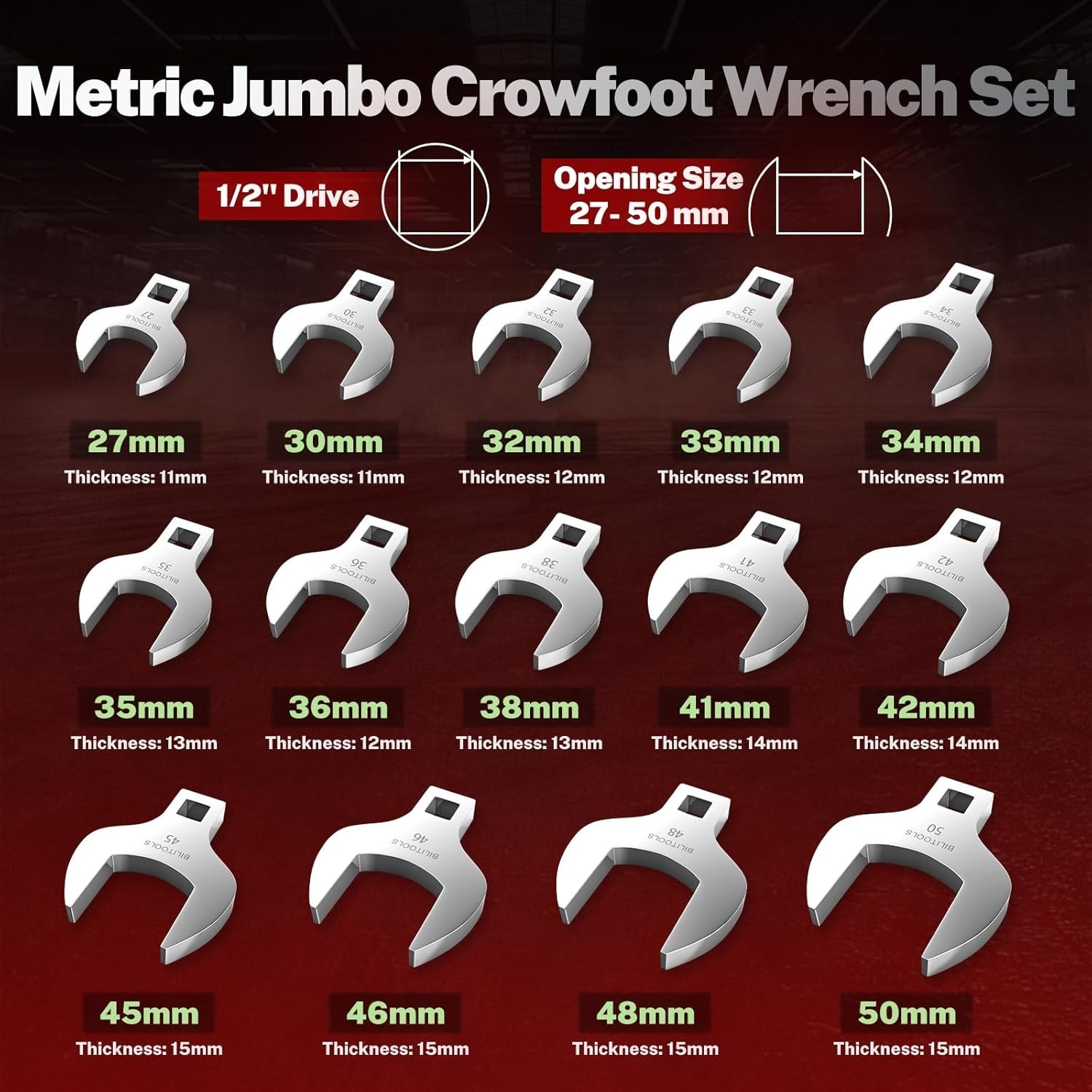 Jumbo Crowfoot Wrench Set, 1/2″ Drive, Metric, 27-50mm