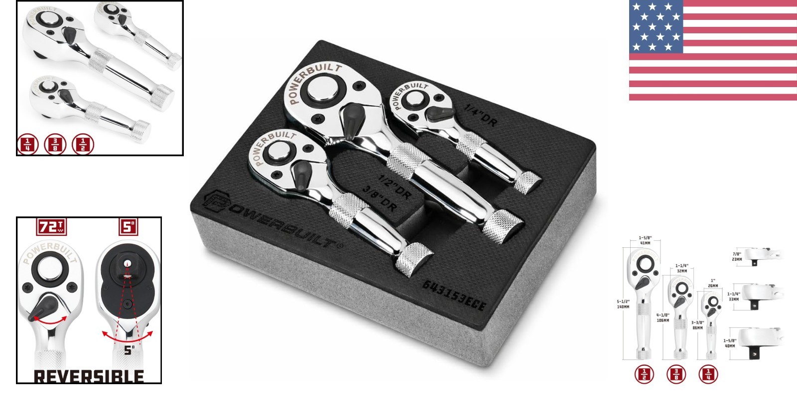 3-Piece Stubby Ratchet Wrench Set – Quick-Release, 90 Tooth Performance