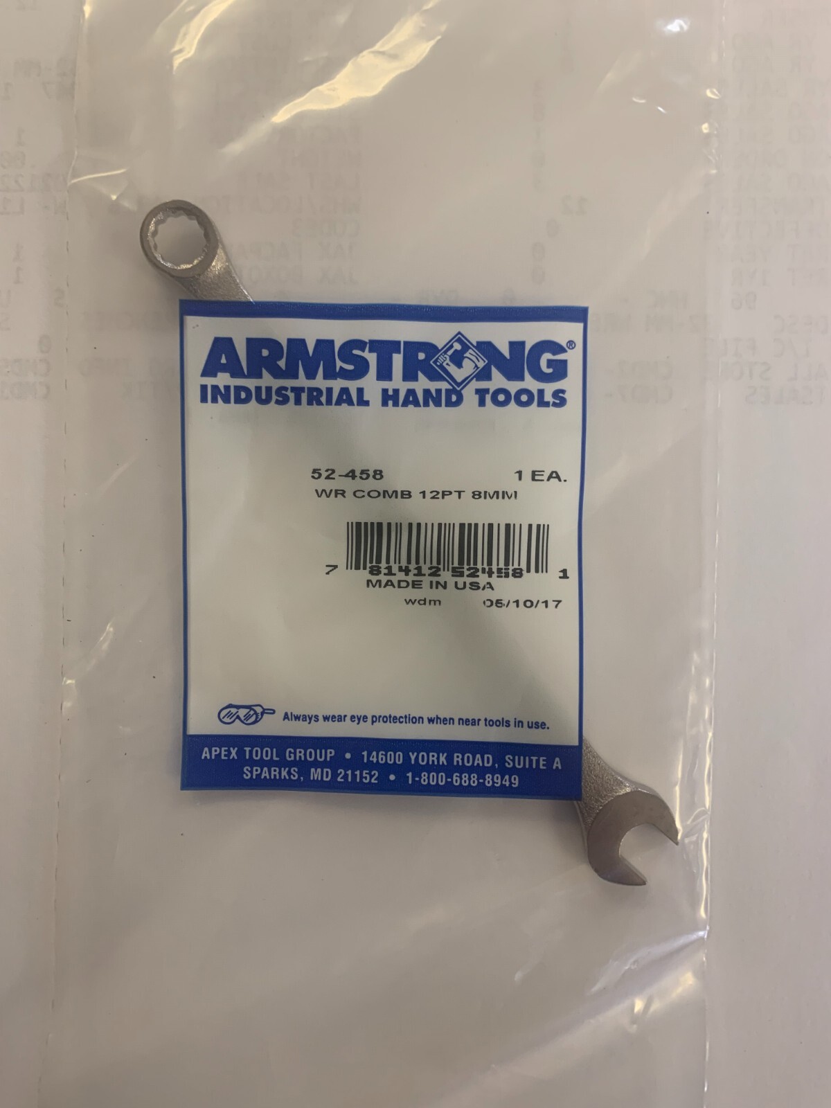 ARMSTRONG 52-458 8MM 12-POINT SATIN FINISH LONG COMBINATION WRENCH 52458