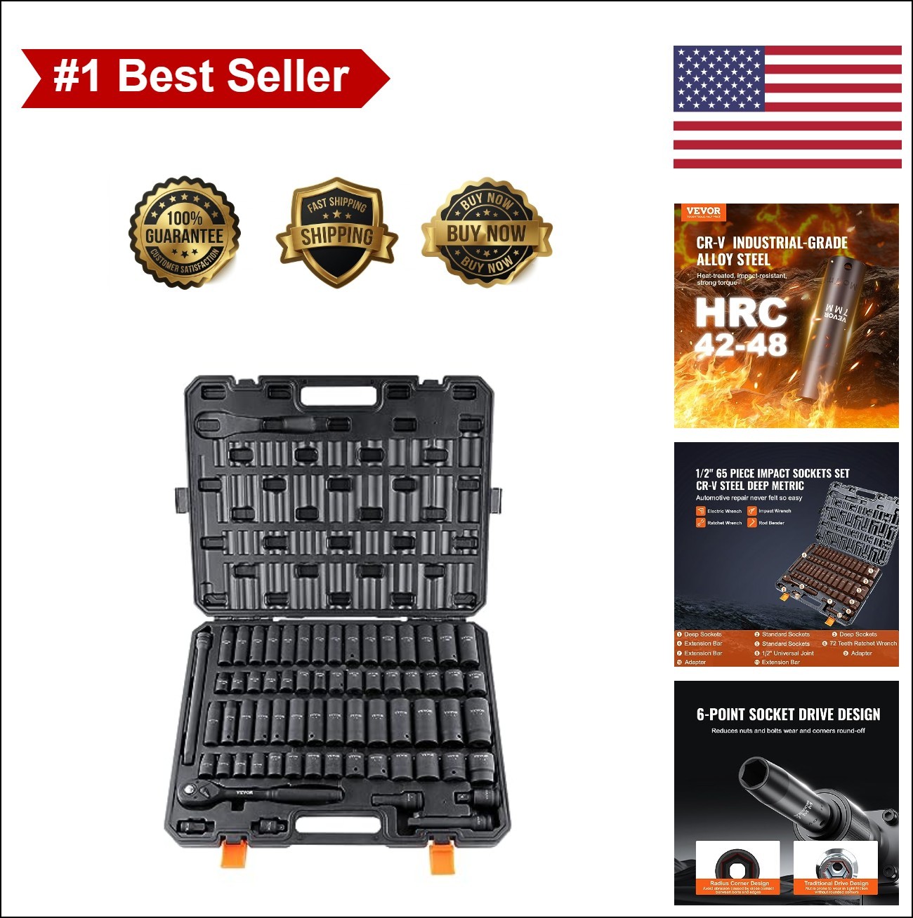 1/2 Inch Drive Impact Socket Set 65 Piece SAE Metric Cr-V Alloy Steel with