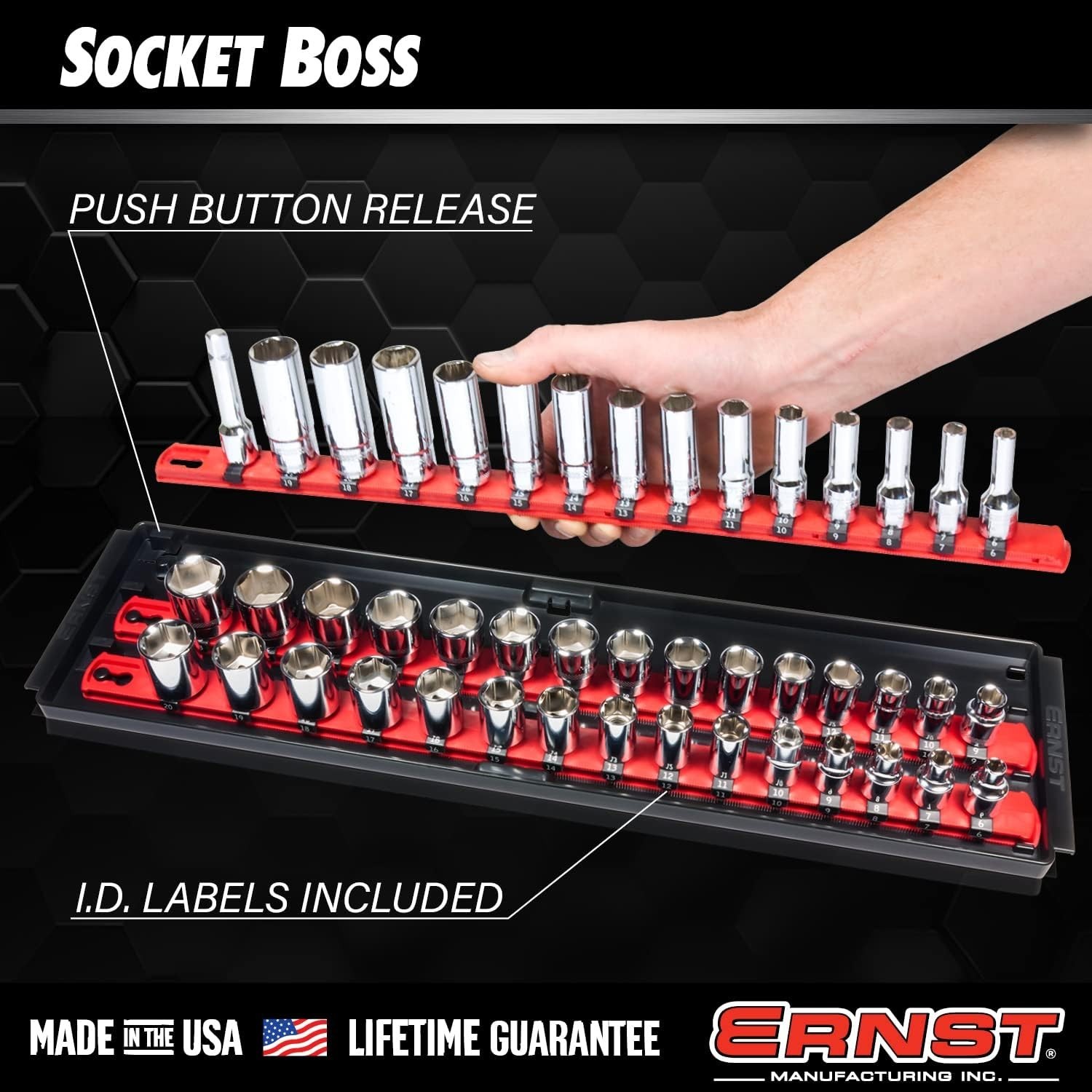 Socket Boss, 2-Rail 3/4-Inch-Drive Socket Organizer, 19-Inch, Red – Made in the