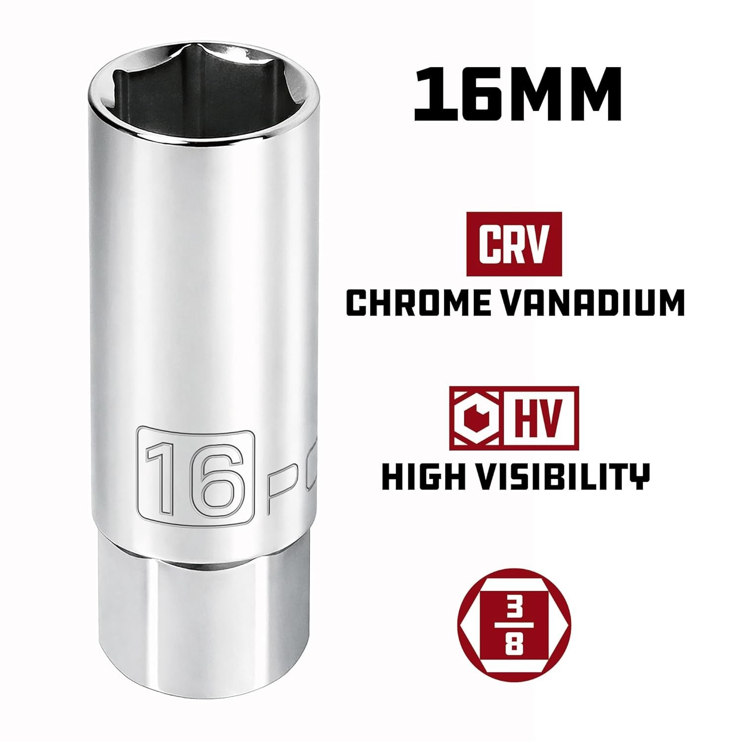 3/8 Drive 16mm Spark Plug Socket Chrome Vanadium Steel Rubber Insert