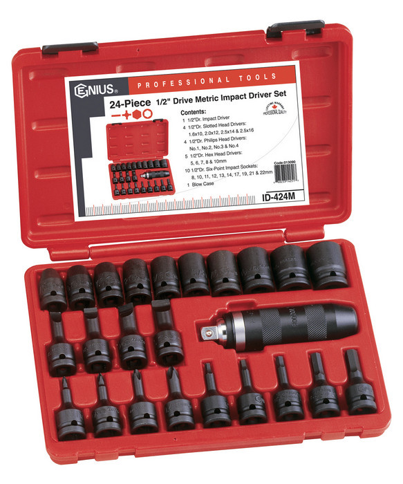 GENIUS TOOLS 24PC ID-424M 1/2″ SQ DR IMPACT SCREWDRIVER SET