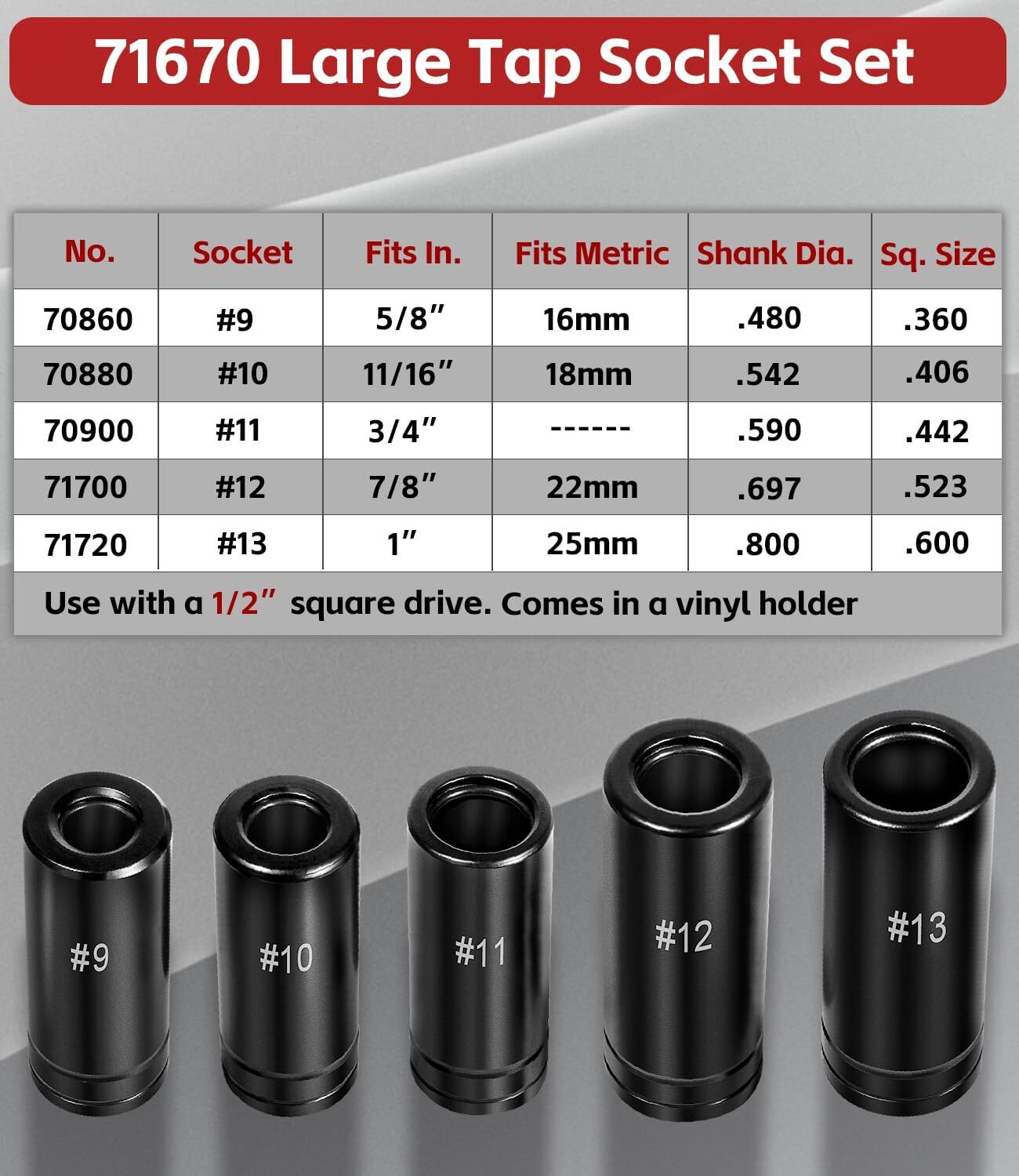 71670 Tap Socket Fit 1/2″ Drive 5/8″, 11/16″, 3/4″, 7/8″ , 1″ Taps