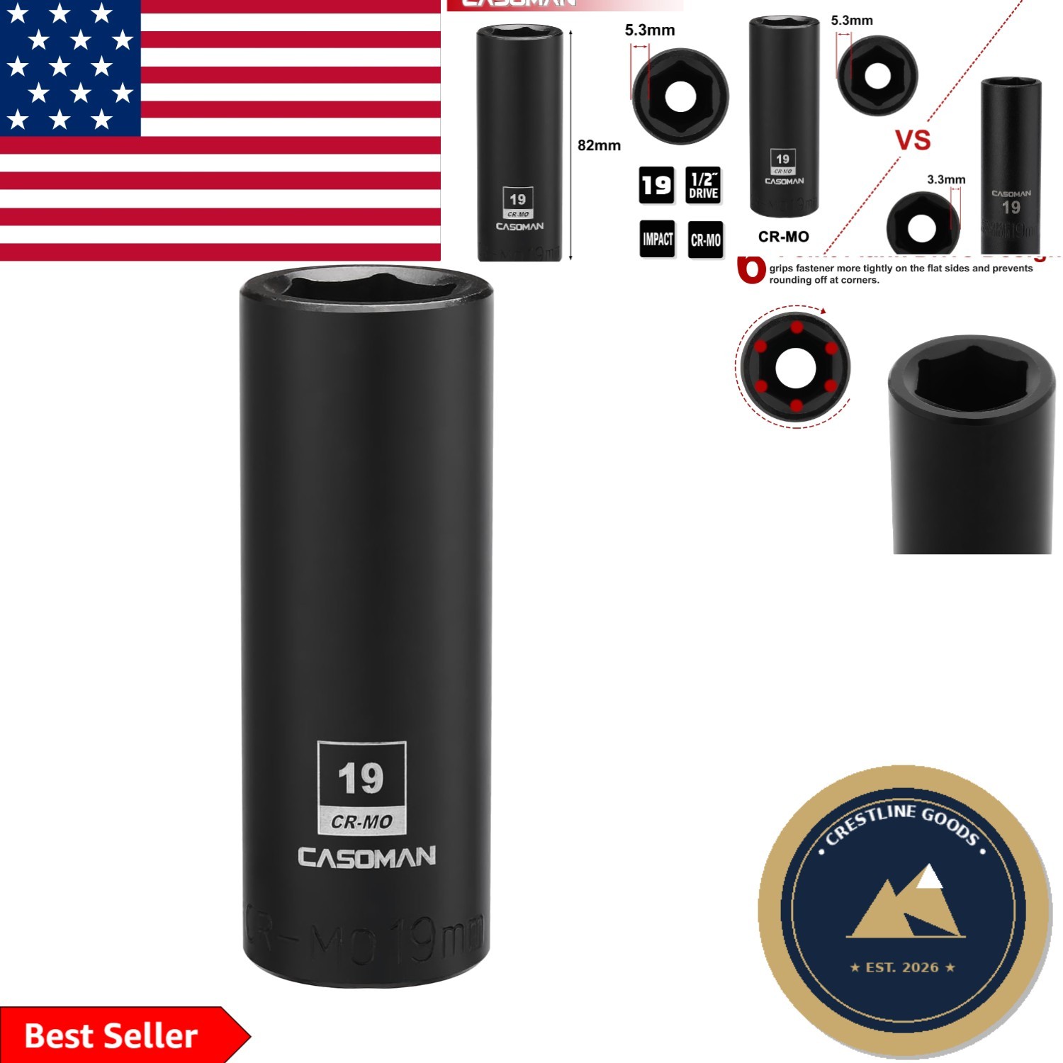 Durable 1/2-Inch Drive 19mm Impact Socket – Corrosion-Resistant & Lightweight