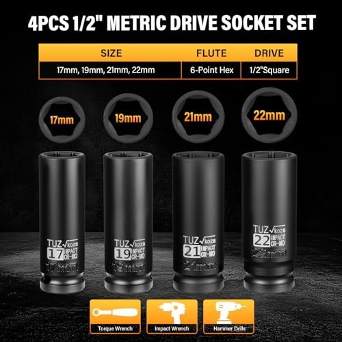 4-Piece 1/2″ Drive Deep Impact Socket Set – Metric 17mm 19mm 21mm 22mm, Cr-Mo, 6