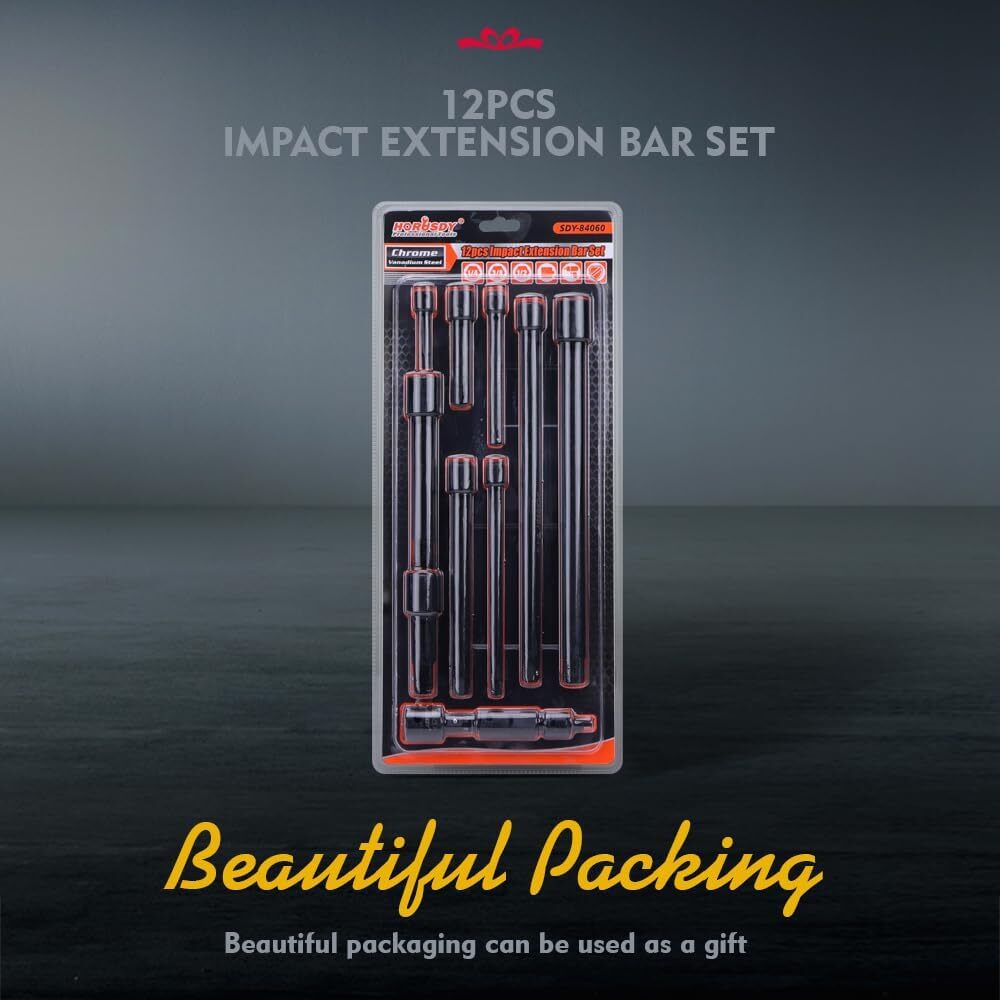 12-Piece Driver Extension Bar Set Includes Socket Adapters, 1/4″, 3/8″, and 1/2″