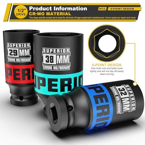 9-Piece 1/2″ Drive Impact Socket Set, 29mm-38mm Axle Nut, Metric CR-MO, 6-Point,
