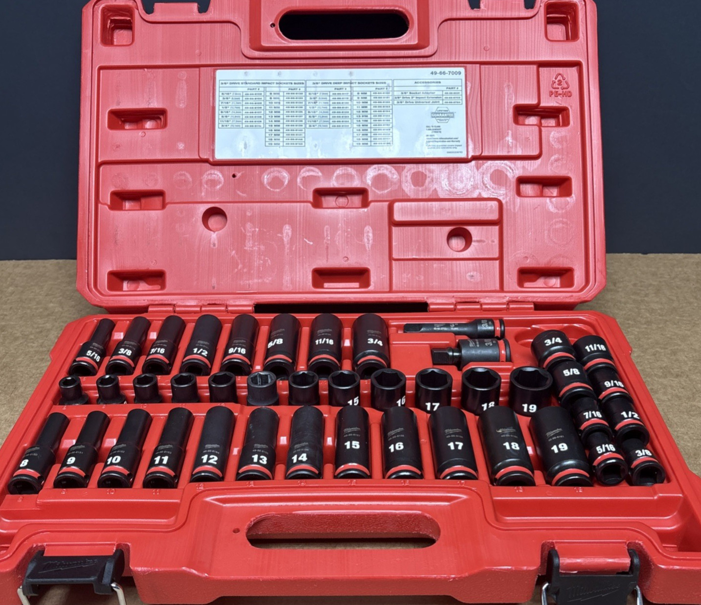 Milwaukee 3/8 Inch Drive SAE and Metric 6 Point Impact Socket Set (42-Piece)