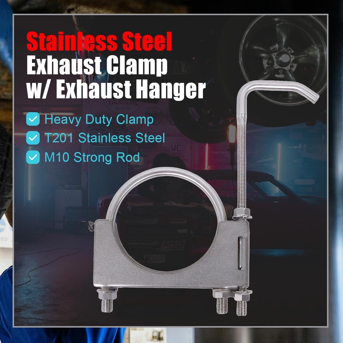 3-1/2″ Stainless Steel Exhaust Clamp with Hanger Rod for 3.5″ Pipes