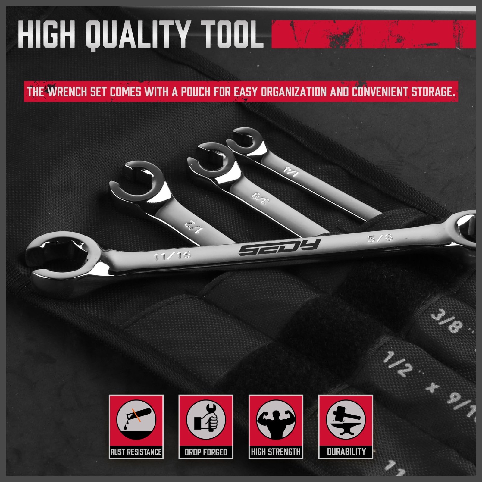 4-Piece SAE Flare Nut Wrench Set – Brake Line Tools with Offset Heads & Pouch