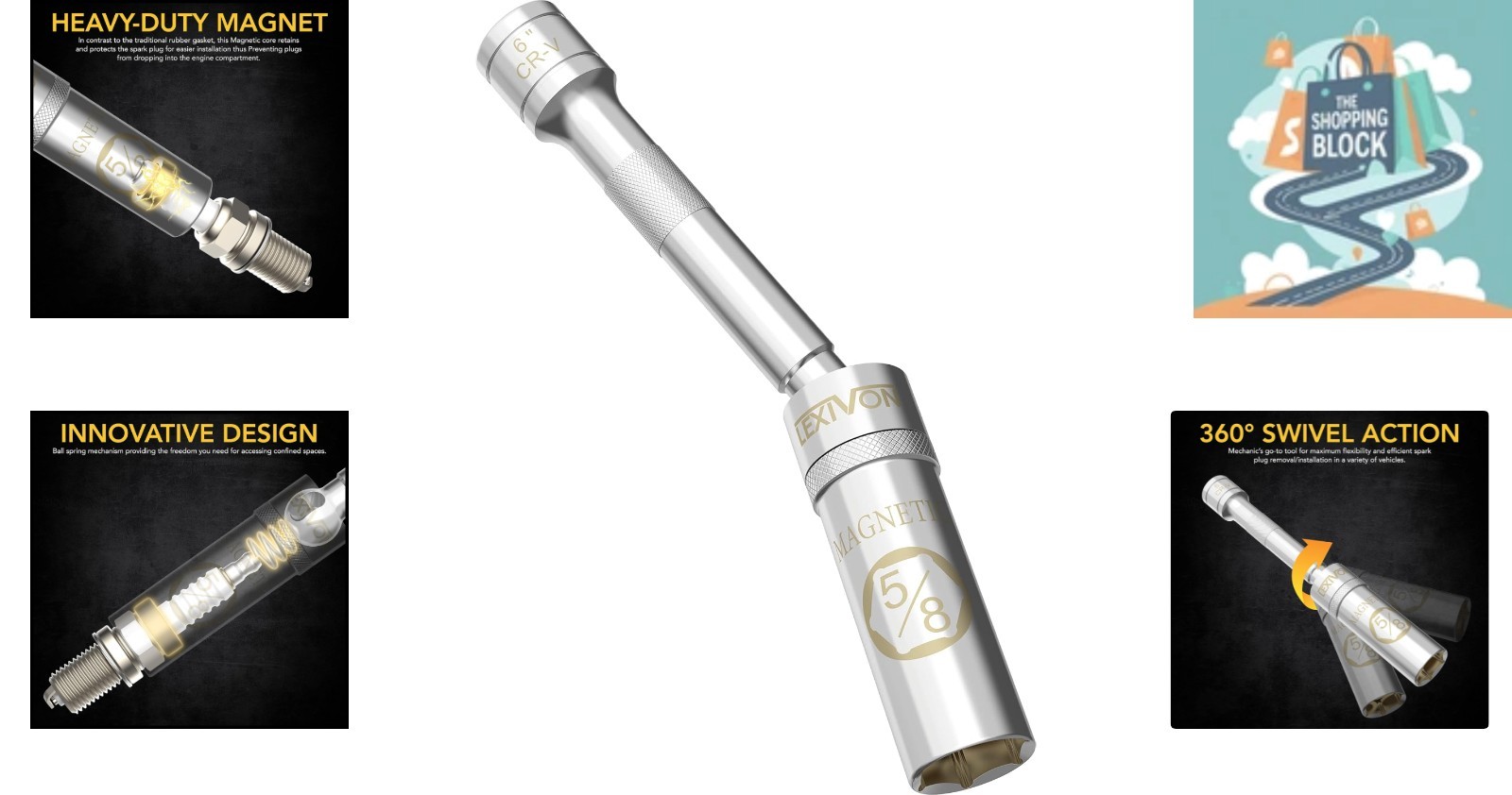 5/8″ Swivel Magnetic Spark Plug Socket, 3/8″ Drive, 6″ Length, Chrome Vanadium