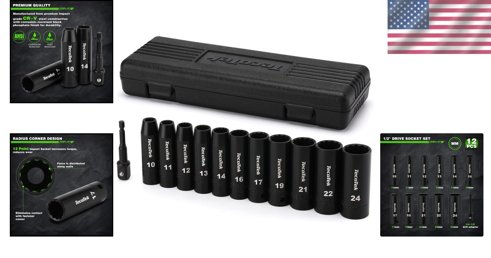 Professional 1/2-Inch Drive Deep Impact Socket Set – 10mm to 24mm, 12-Point