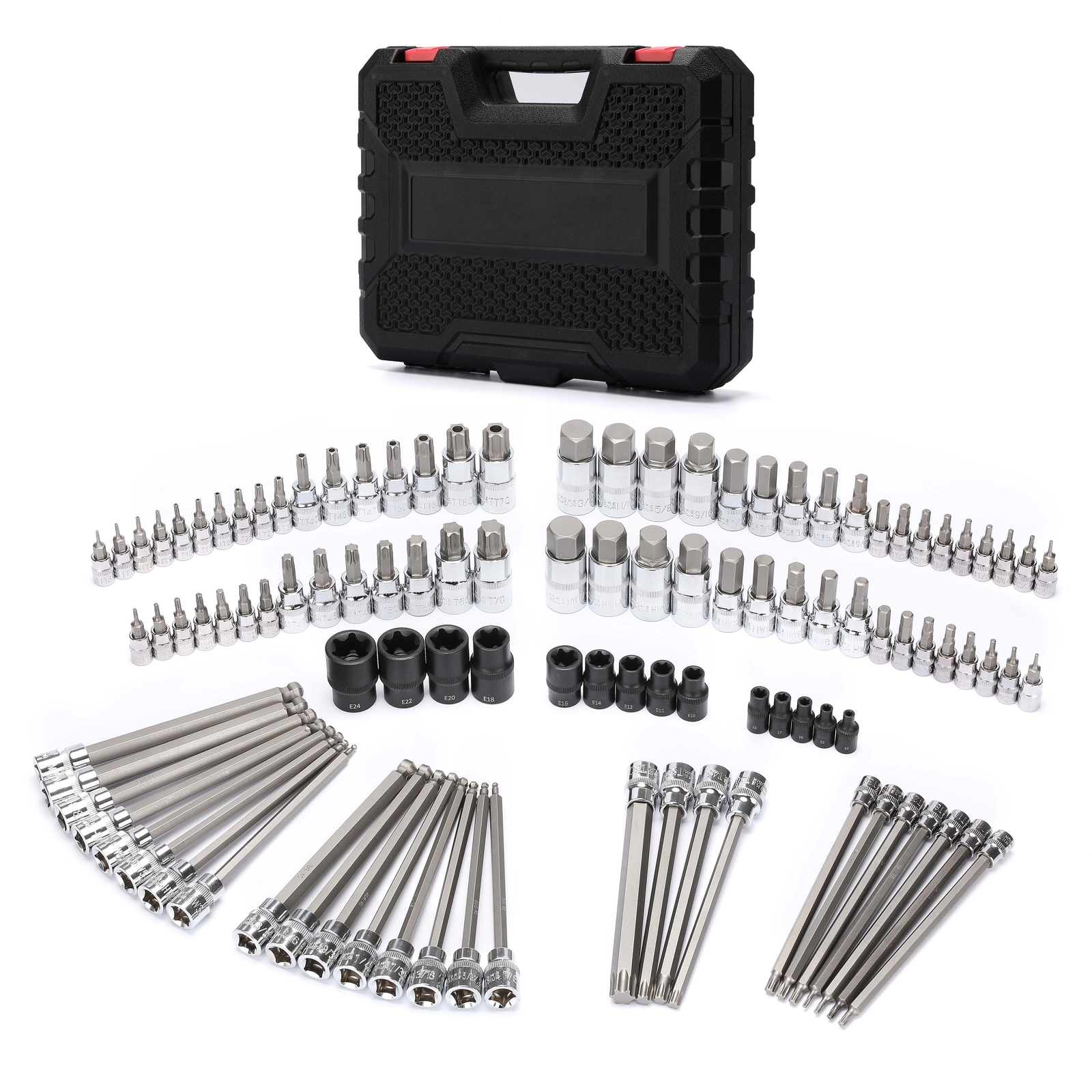 107 Pcs Bit Socket Set 1/4″,3/8″,1/2″ Drive Torx/Extra Long SAE/Metric