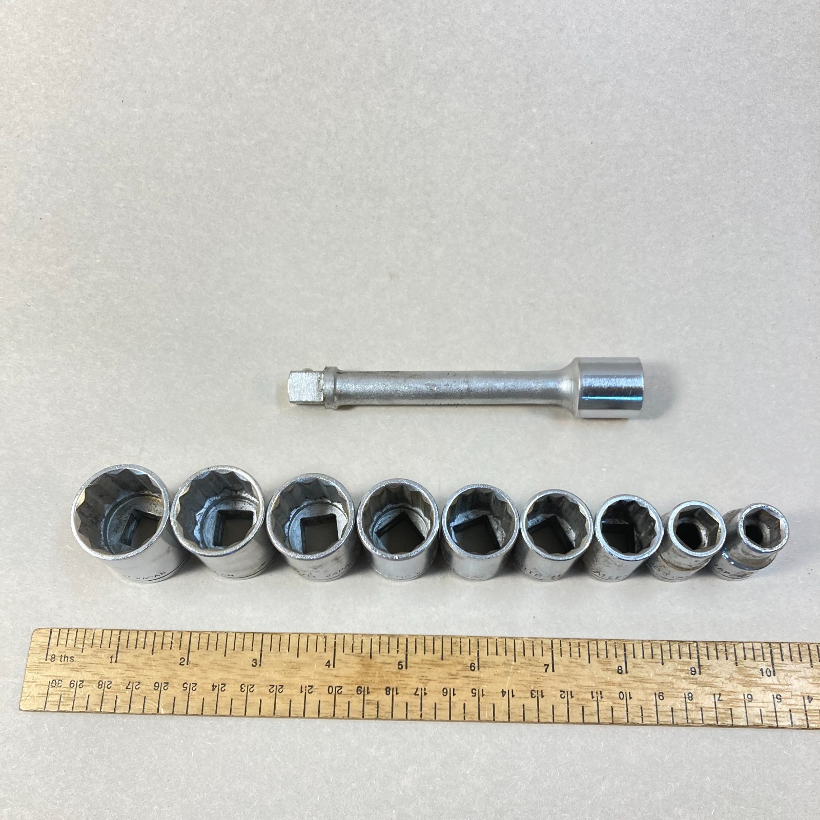Vintage Allenite Socket Set 10 pc 12 Point 1/2″ Drive SAE 1″-7/16″ w/ Ext Japan